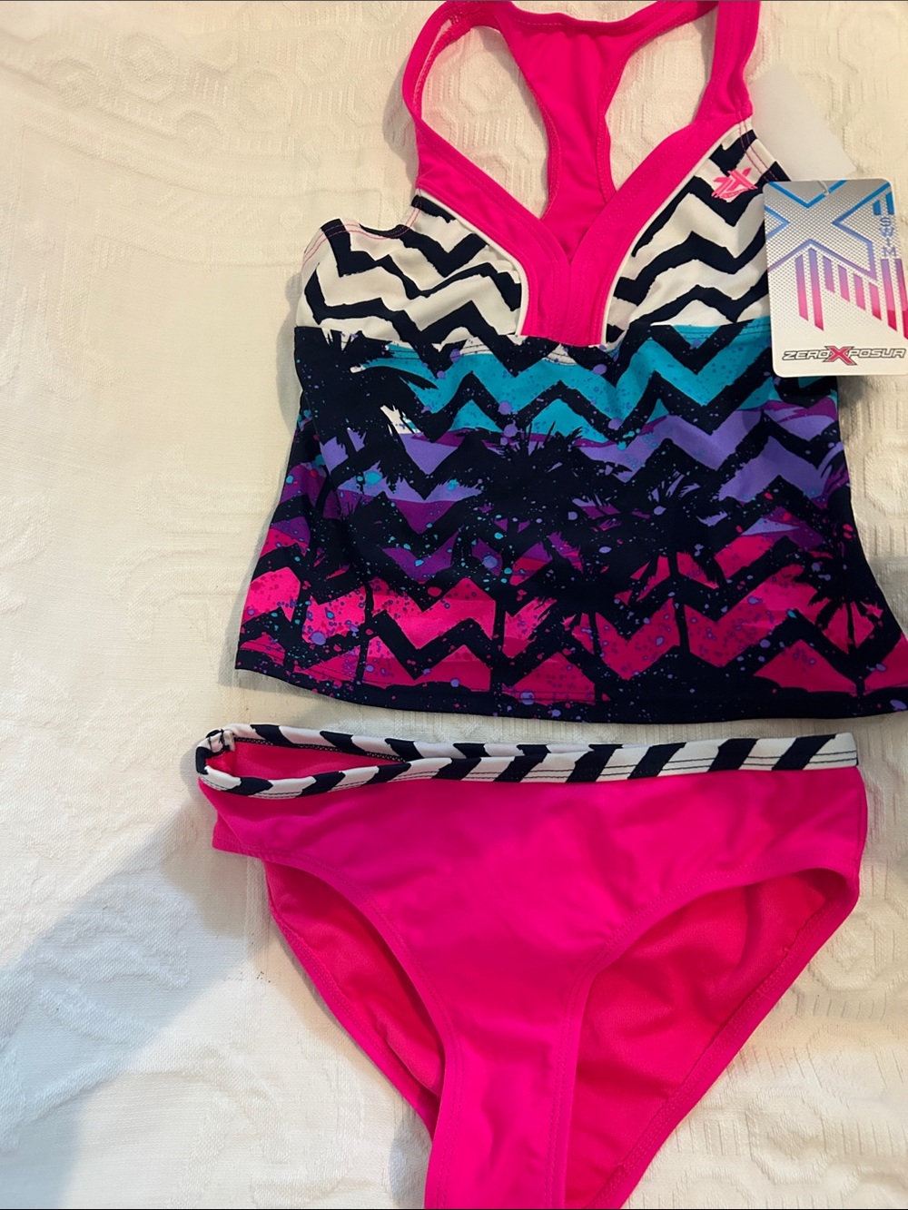 ZeroXposur Girls Hot Pink Chevron Tankini with Teal Purple Navy Accents
